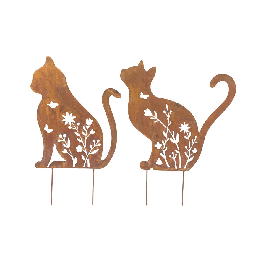 Set of 2 Assorted Rust Lasercut Sitting Cat Stakes