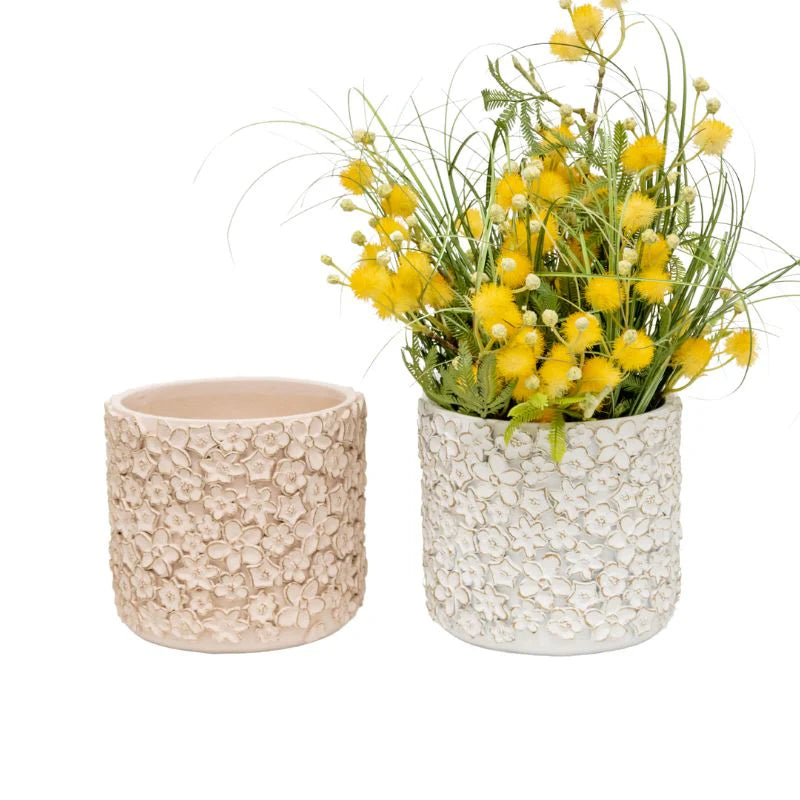 Set of 2 Asst Flower Embossed Planters with Hole