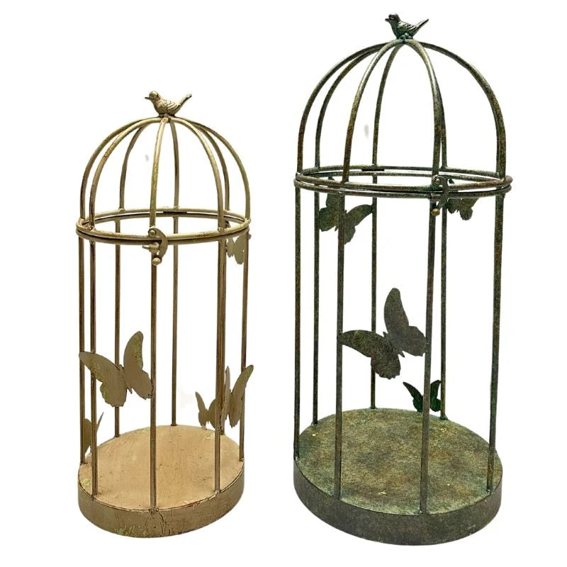 Set of 2 Distressed Finish Plant Cages with Butterflies