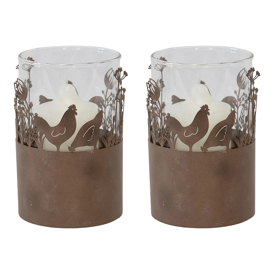 Set of 2 Glass Candleholders in Low Rust Base with Two Chooks