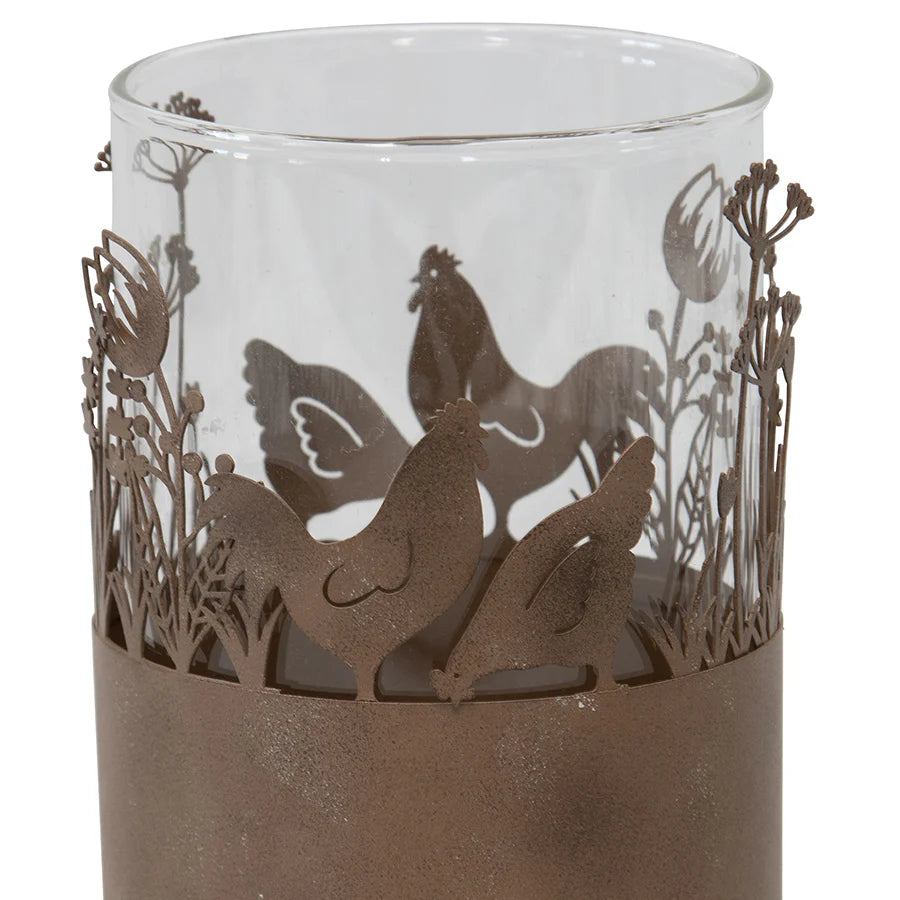 Set of 2 Glass Candleholders in Low Rust Base with Two Chooks