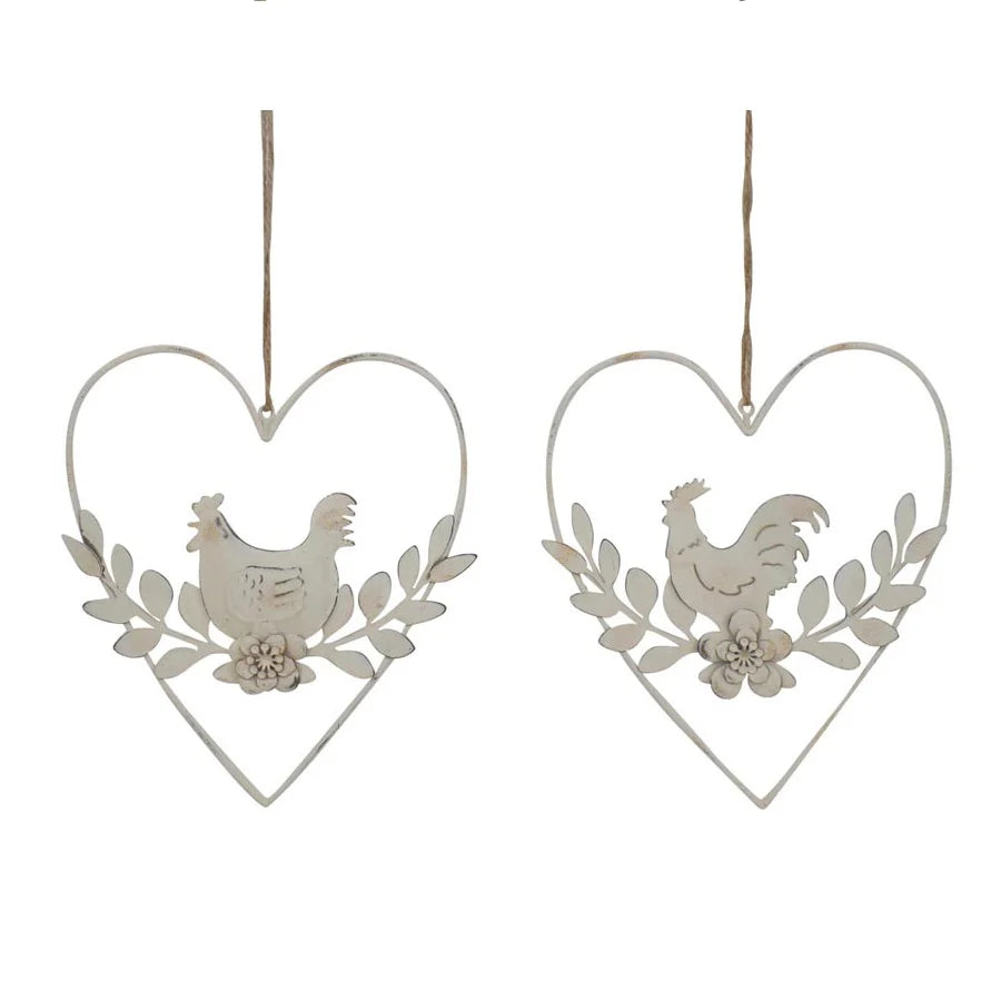 Set of 2 Hanging Hearts With Rooster & Chook Wall Art