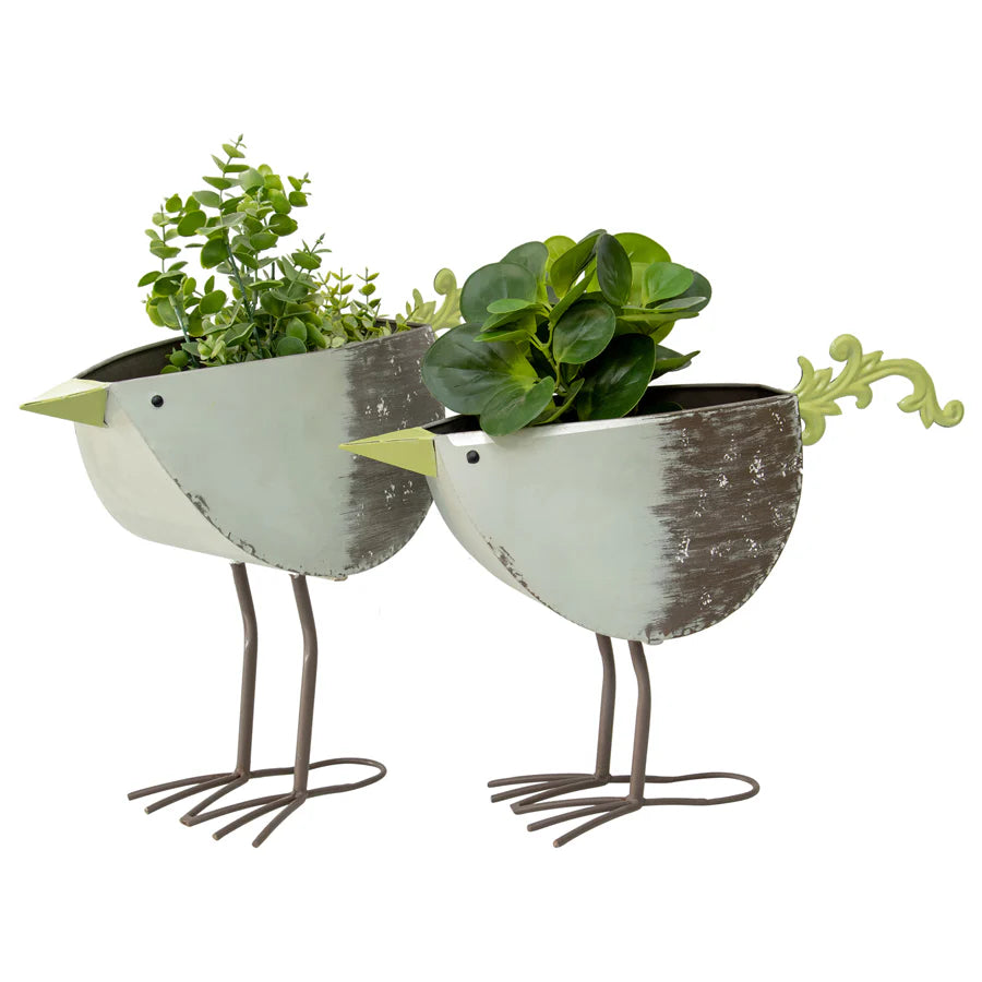 Set of 2 Nested Green Bird Outdoor Planter / Storage