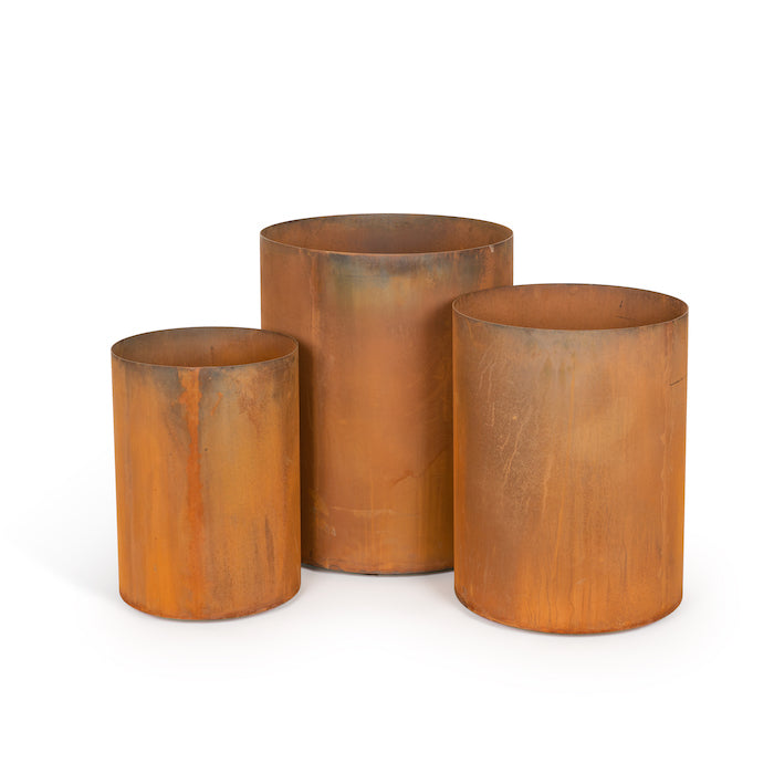 Set of 3 Corten Steel Outdoor Cylindrical Planters