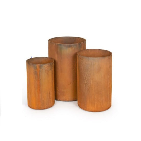 Set of 3 Corten Steel Outdoor Thin Cylindrical Planters