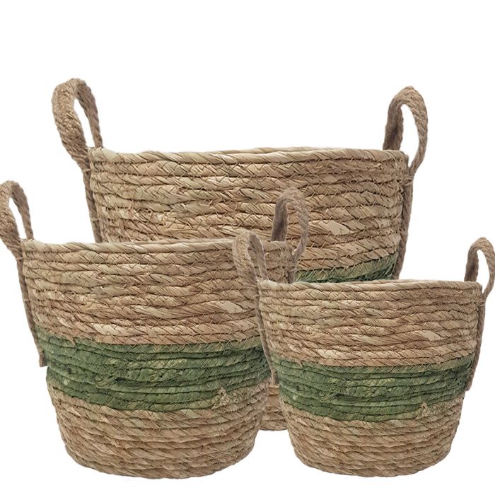 Set of 3 Tracey V-shape Basket with Handles - Natural / Green