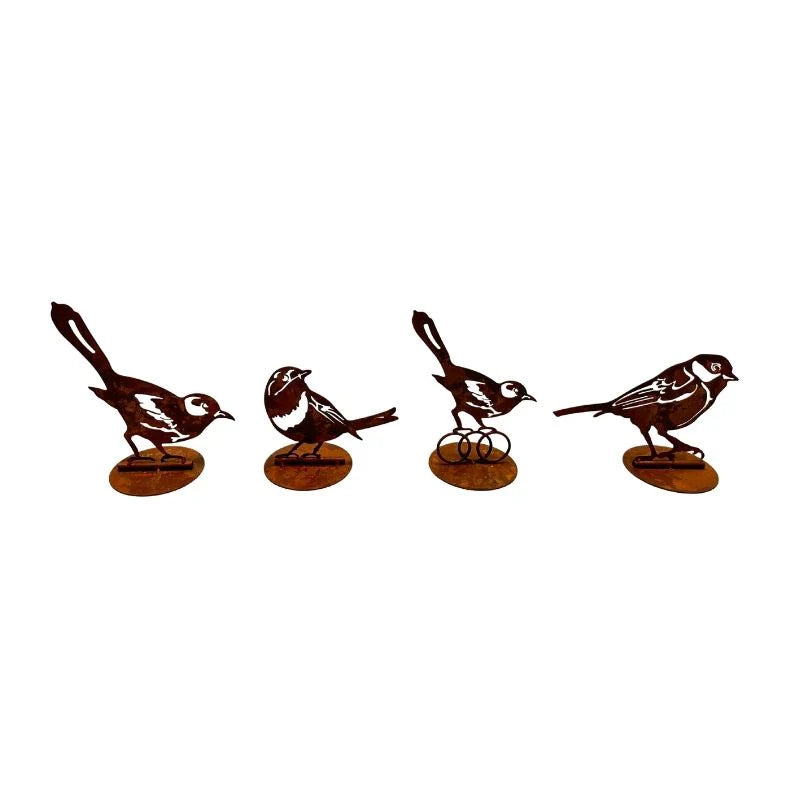 Set of 4 Assorted Rust Laser Cut Birds on Base