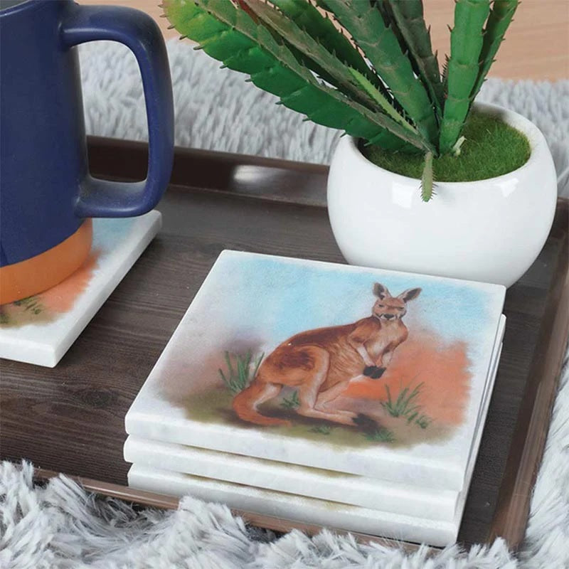 Set of 4 Australian Wildlife Marble Coasters - Kangaroo