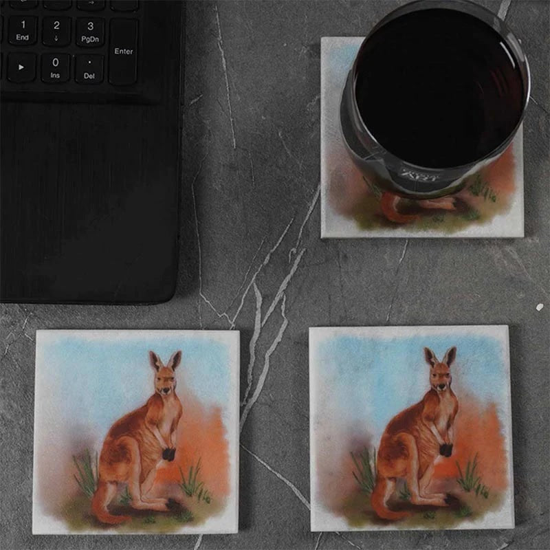 Set of 4 Australian Wildlife Marble Coasters - Kangaroo