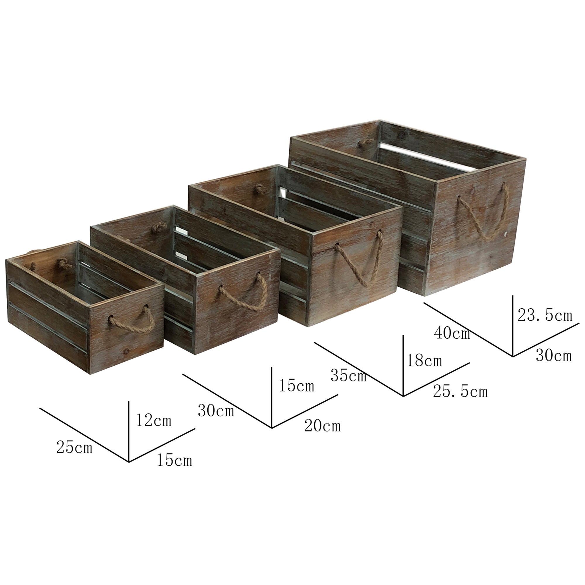 Set of 4 Nested Wooden Storage Crates with Rope Handles