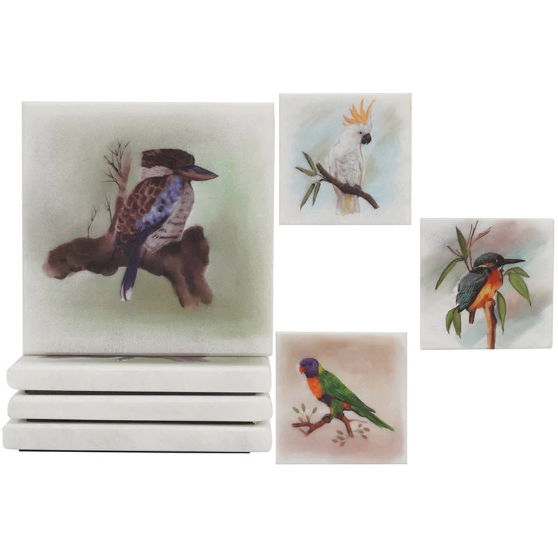 Set of 4 Square Assorted Australian Birds Marble Coasters