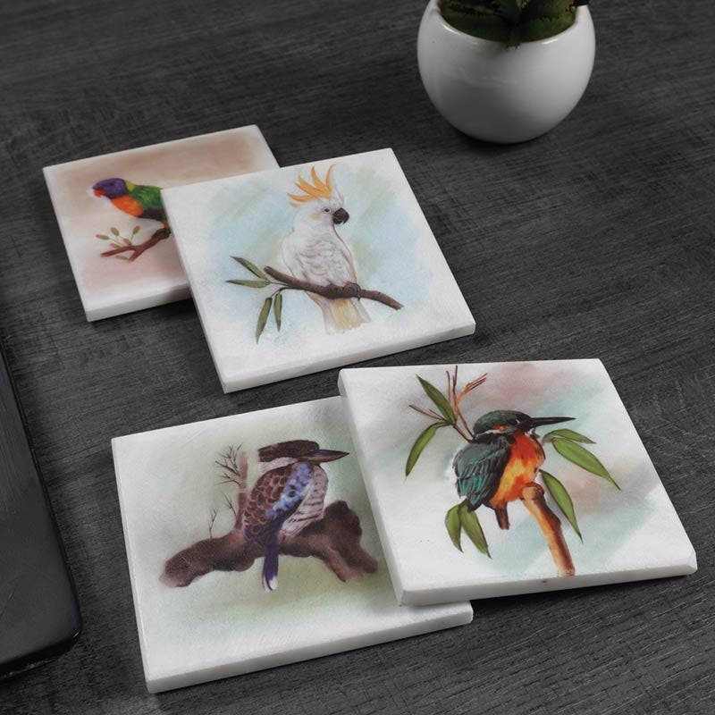 Set of 4 Square Assorted Australian Birds Marble Coasters