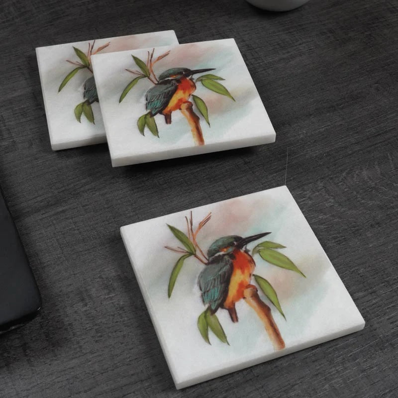 Set of 4 Square Australian Birds Marble Coasters - Kingfisher