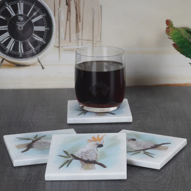 Set of 4 Square Australian Birds Marble Coasters - Cockatoo