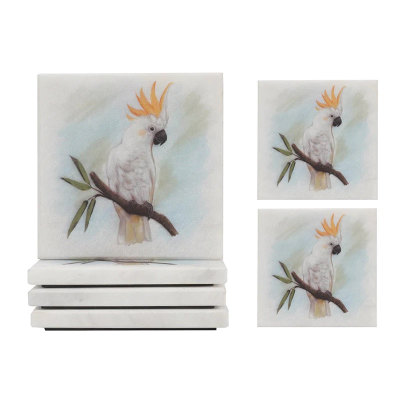 Set of 4 Square Australian Birds Marble Coasters - Cockatoo