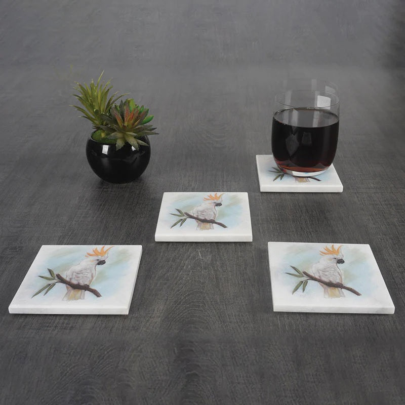 Set of 4 Square Australian Birds Marble Coasters - Cockatoo