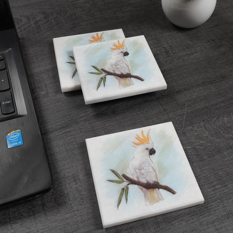 Set of 4 Square Australian Birds Marble Coasters - Cockatoo