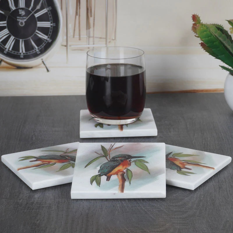 Set of 4 Square Australian Birds Marble Coasters - Kookaburra