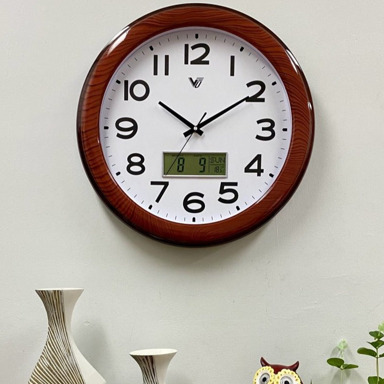 Shiny Brown Wood Grain Frame Wall Clock 48cms