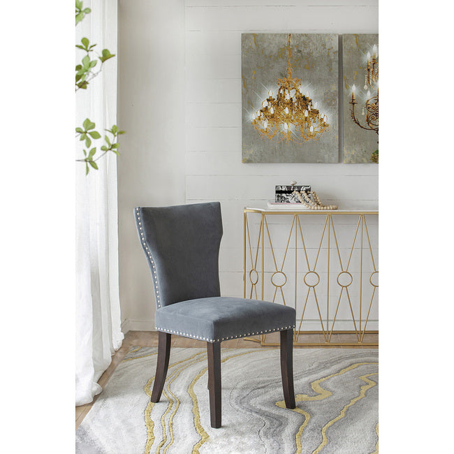 Studded Grey Velvet Look Armless Dining Chairs - Set of 2