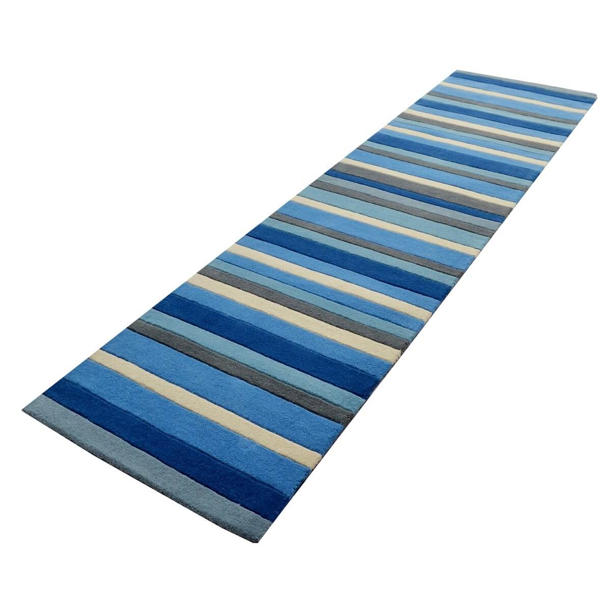 Symphony Stripes Handmade Woollen Rug - Blue - Floor Runner