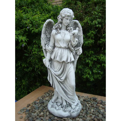 Tall Lady Angel Holding Bird Sculpture