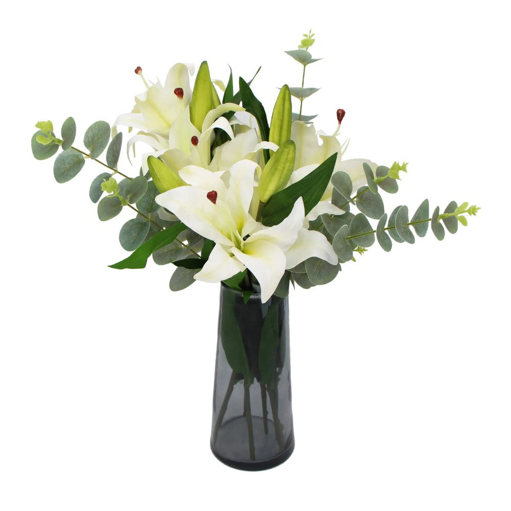 Tiger Lily Bouquet With Eucalyptus In Glass Vase