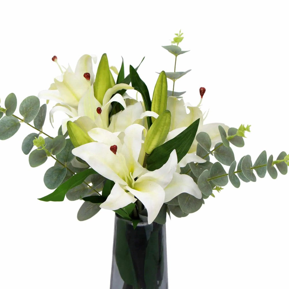 Tiger Lily Bouquet With Eucalyptus In Glass Vase