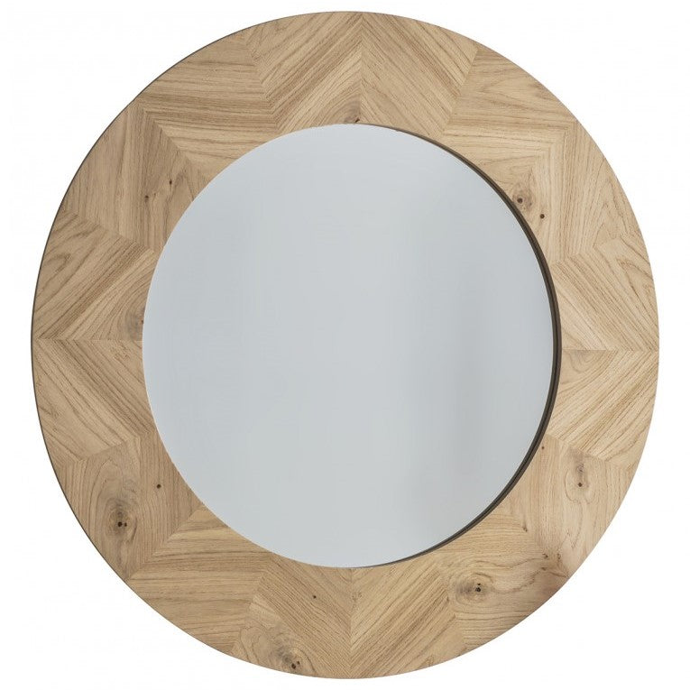 Wooden Veneer Frame Round Wall Mirror 90cms
