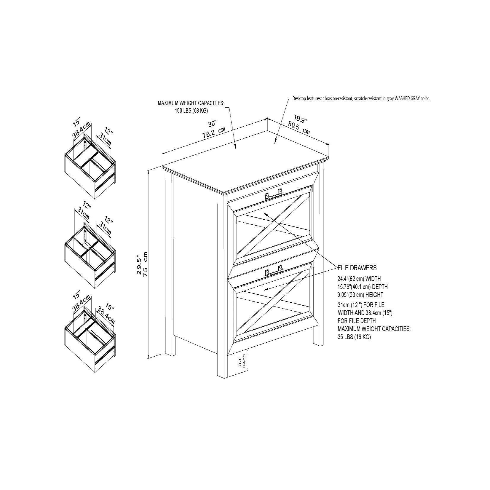 Two Draw Filing Cabinet in Washed Grey