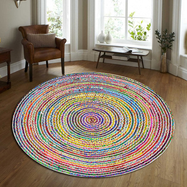 Vibrant Recycled Tribal Pattern Cotton Rug - Round