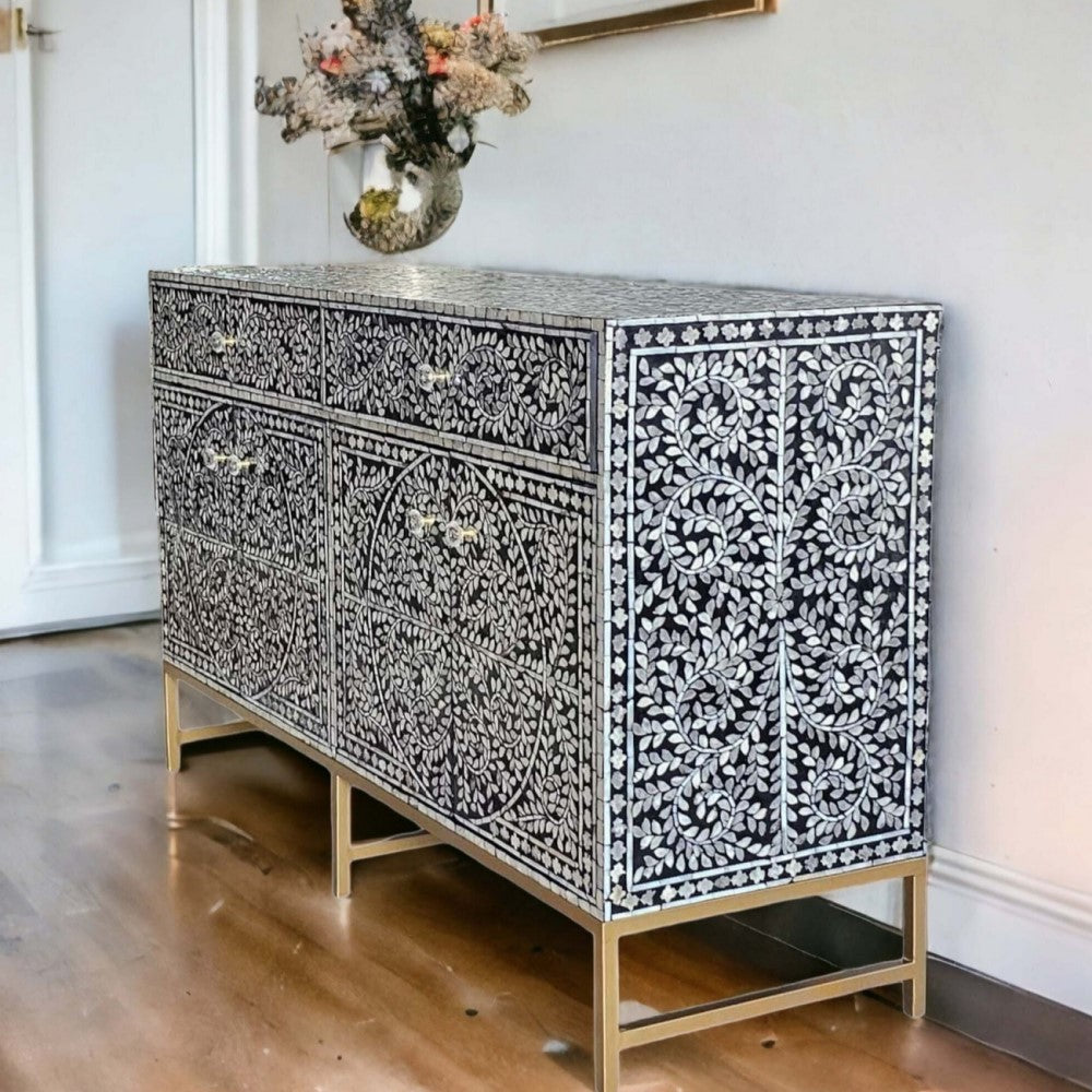 Vine-Inspired Enchanting Pearl Chest of 3 Drawers 4 Doors