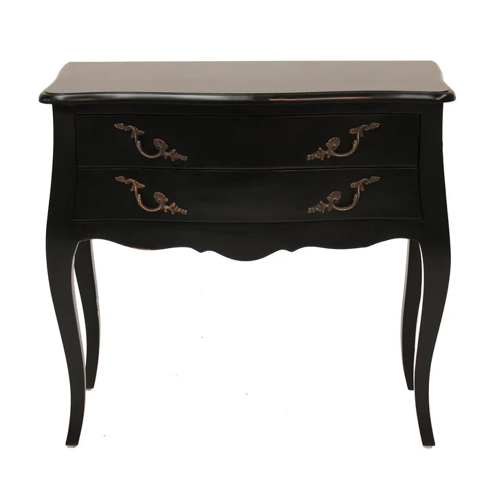Vintage French Style Wide Two Drawer Bedside Table - Black
