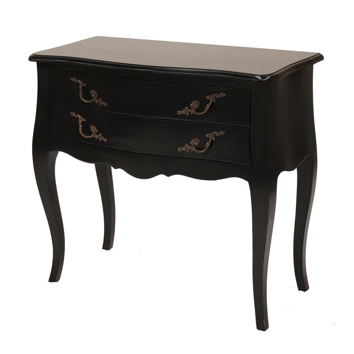 Vintage French Style Wide Two Drawer Bedside Table - Black