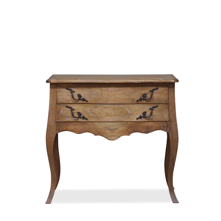 Vintage French Style Wide Two Drawer Bedside Table - Weathered Oak