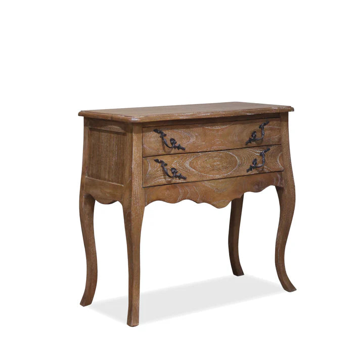 Vintage French Style Wide Two Drawer Bedside Table - Weathered Oak