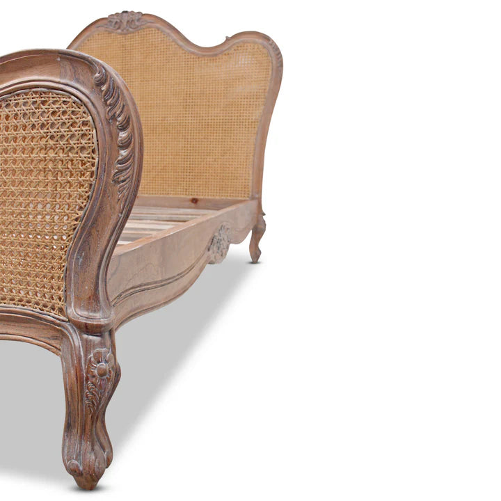 Vintage Parisian Rattan Queen Size Bed - Weathered Oak