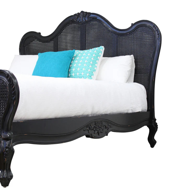 Vintage Parisian Rattan Queen Size Bed - Black