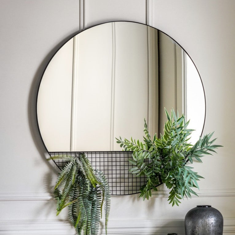 Wire-Encased Round Wall Mirror 80cms Black