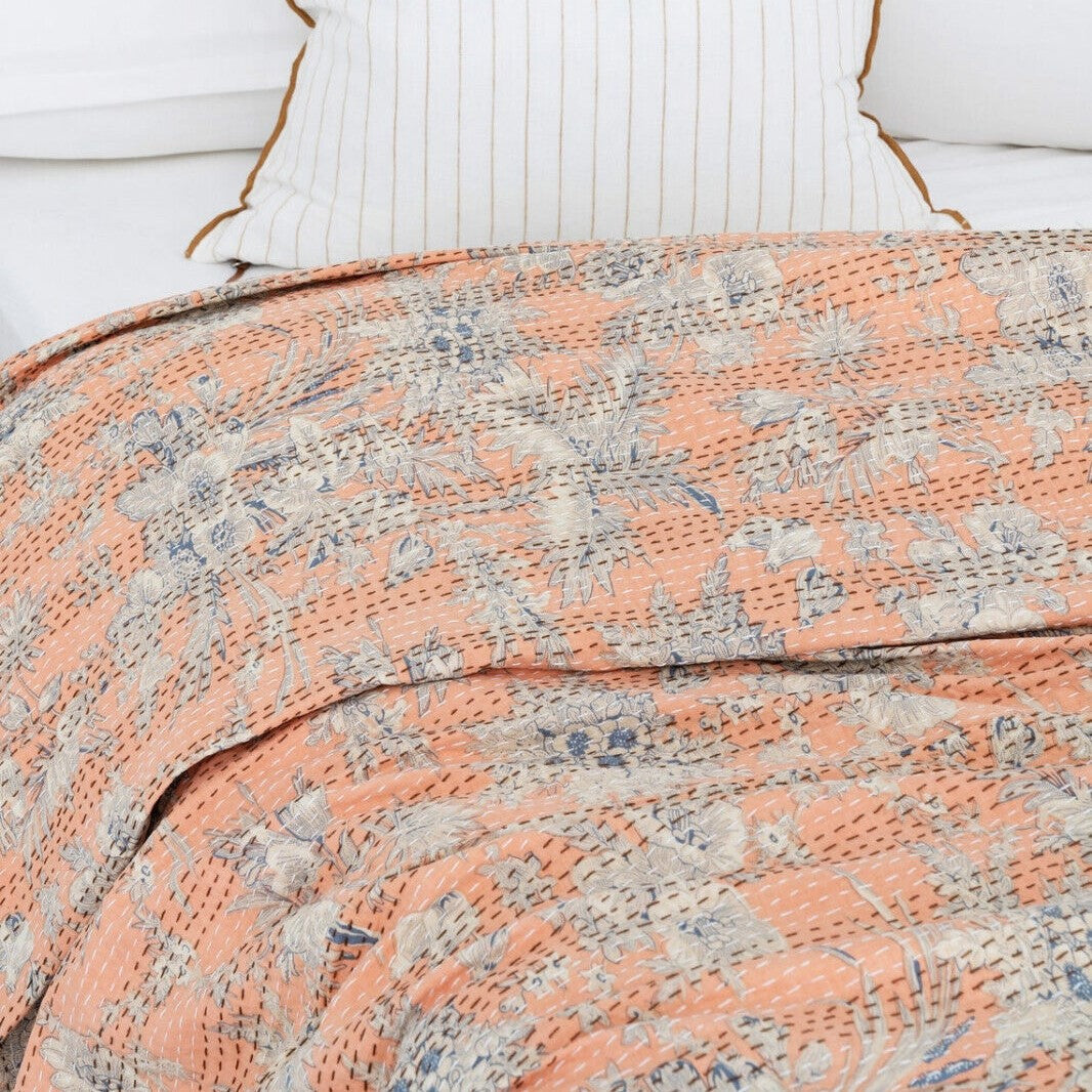 White Blossom Design On Orange Cotton Bedspread King Size