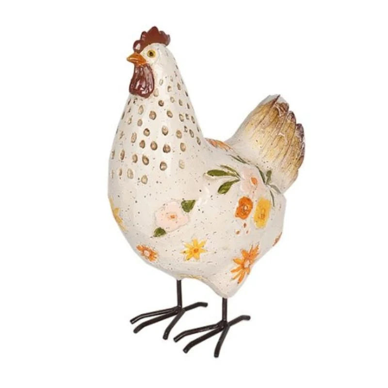 White Chook with Flowers Garden Ornament