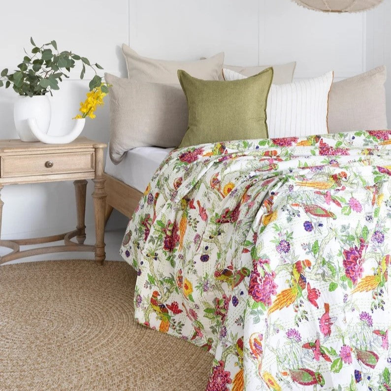 White Flora Fauna Patterned Cotton Bedspread