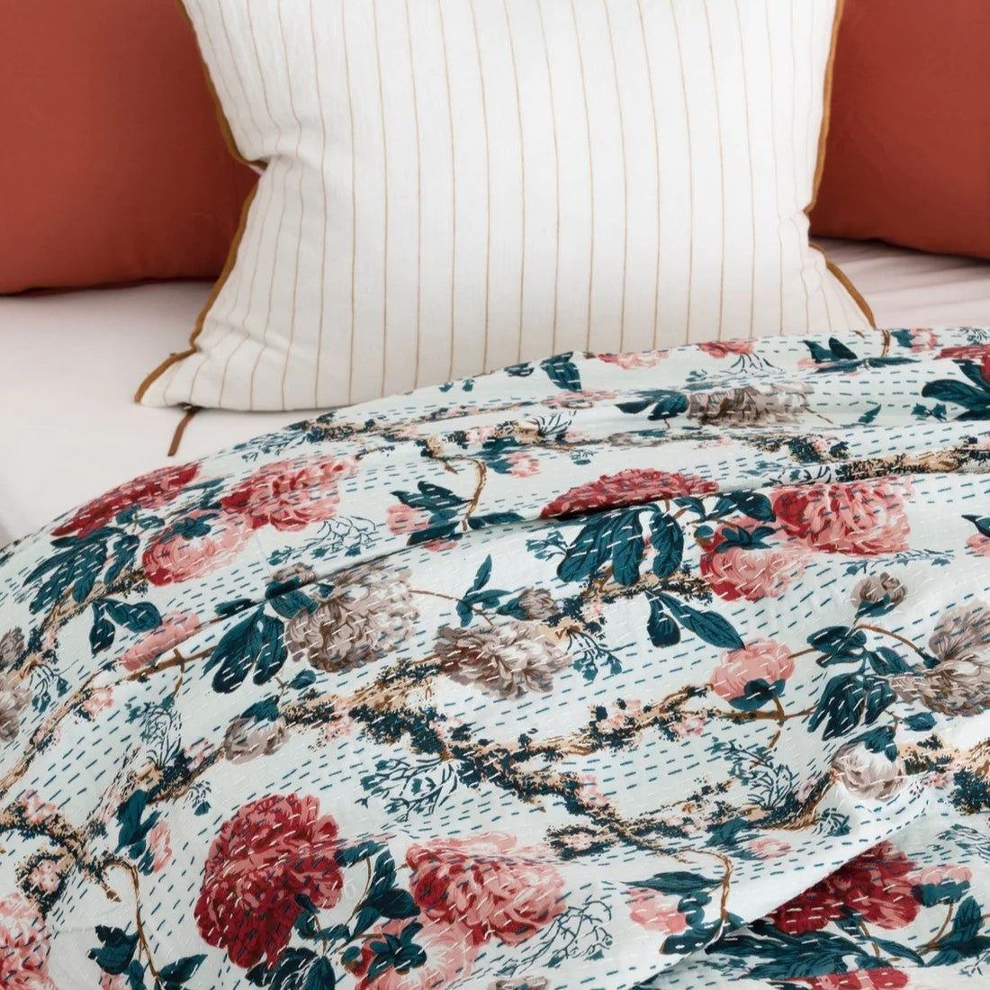 White Floral Block Print Cotton Bedspread