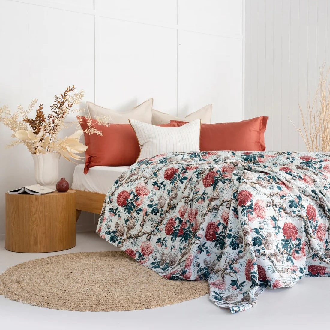 White Floral Block Print Cotton Bedspread