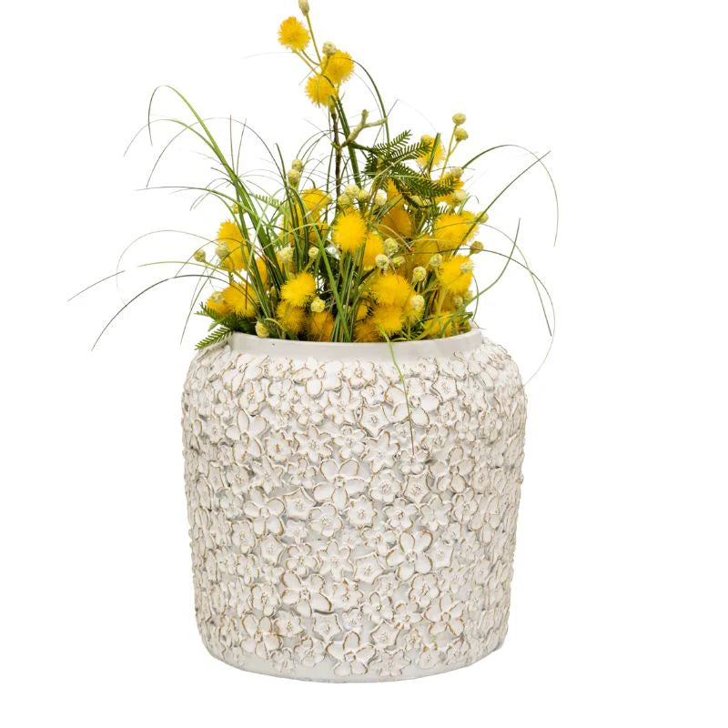 White Flower Embossed Planter with Hole - 24cms