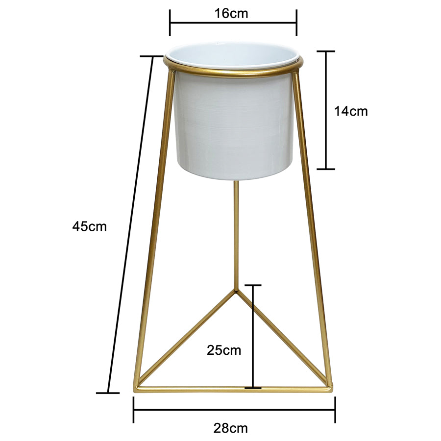 White Metal Planter on Gold Pyramid Stand 45cms