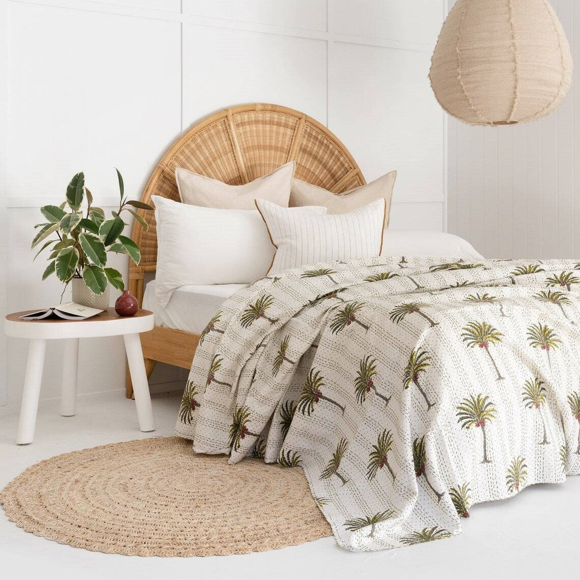 White Palm Tree Boho Cotton Bedspread King Size