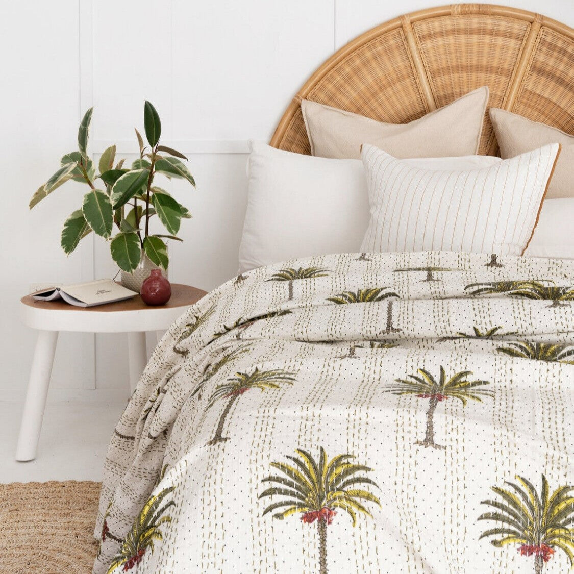 White Palm Tree Boho Cotton Bedspread King Size