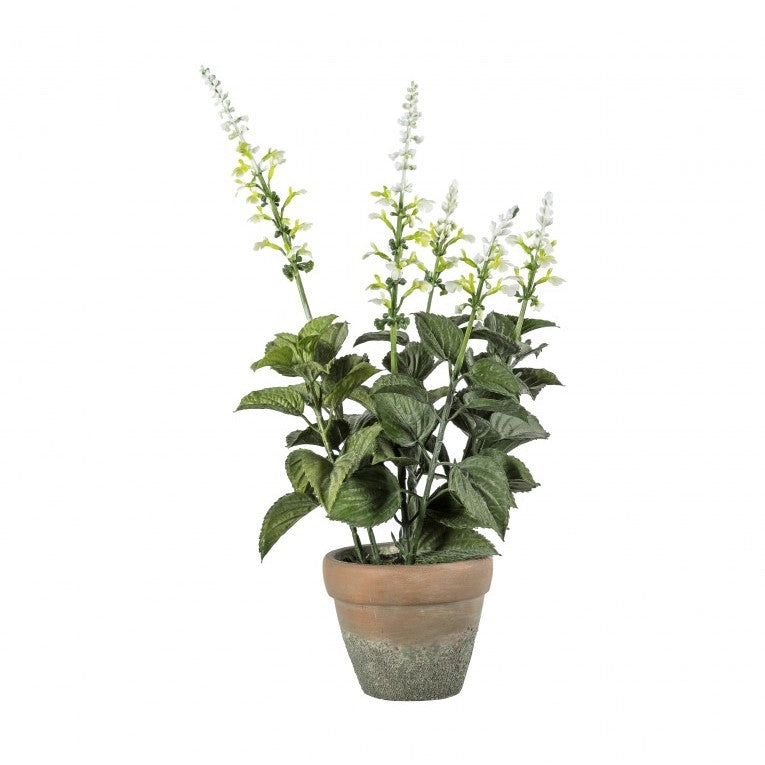 Artificial White Salvia Plant In Cement Pot