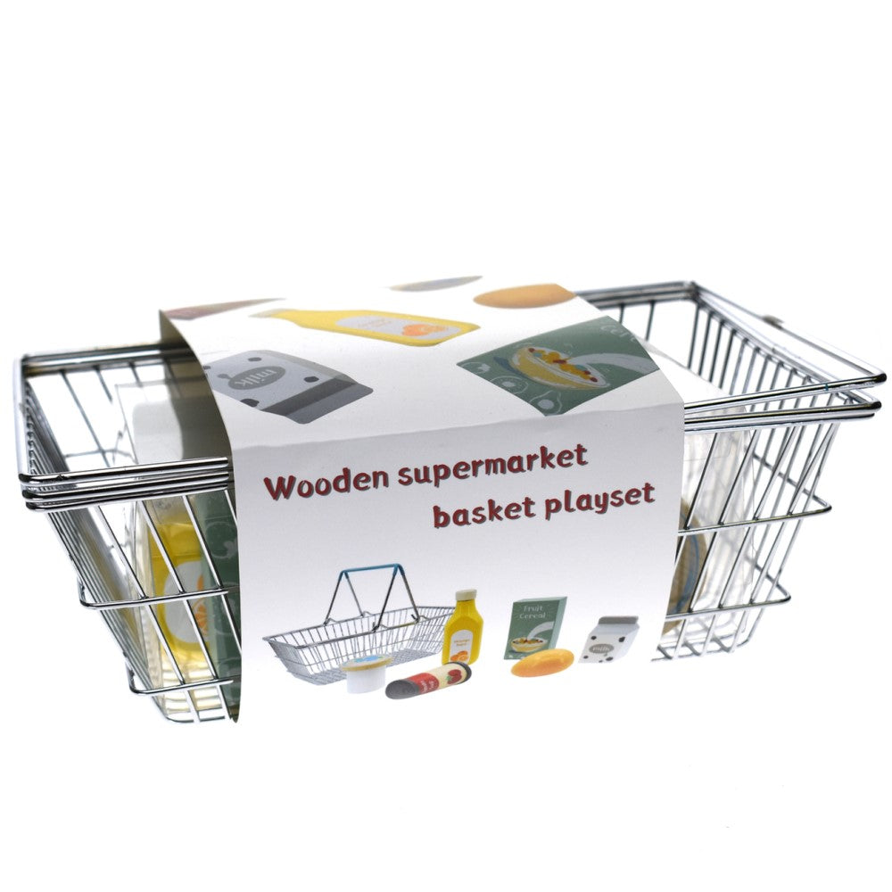 Wooden Grocery Items In Metal Shopping Basket